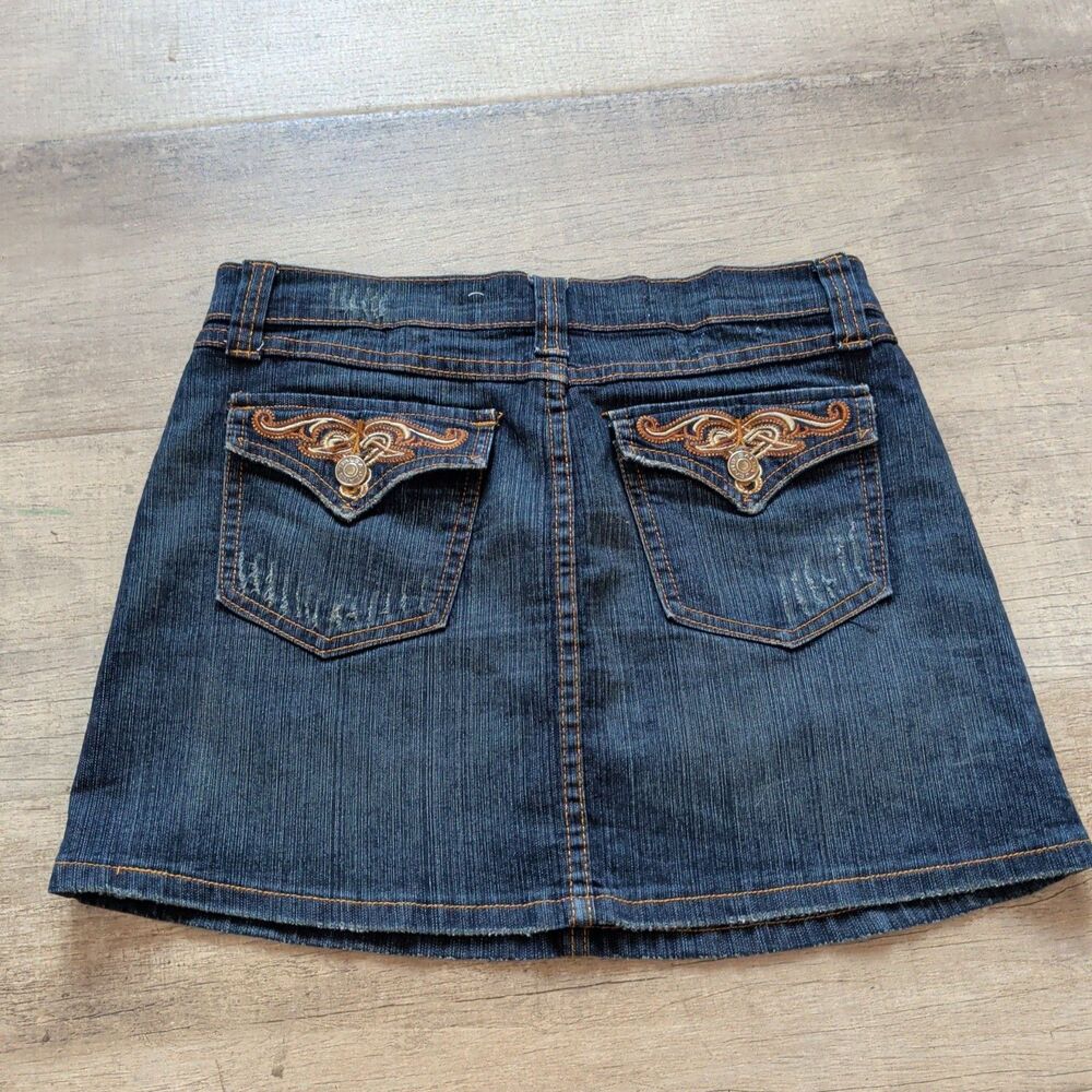 ​Salsa Jeans Y2K Denim Mini Skirt Dark Wash Embroidered Flap Pockets Size 7/8